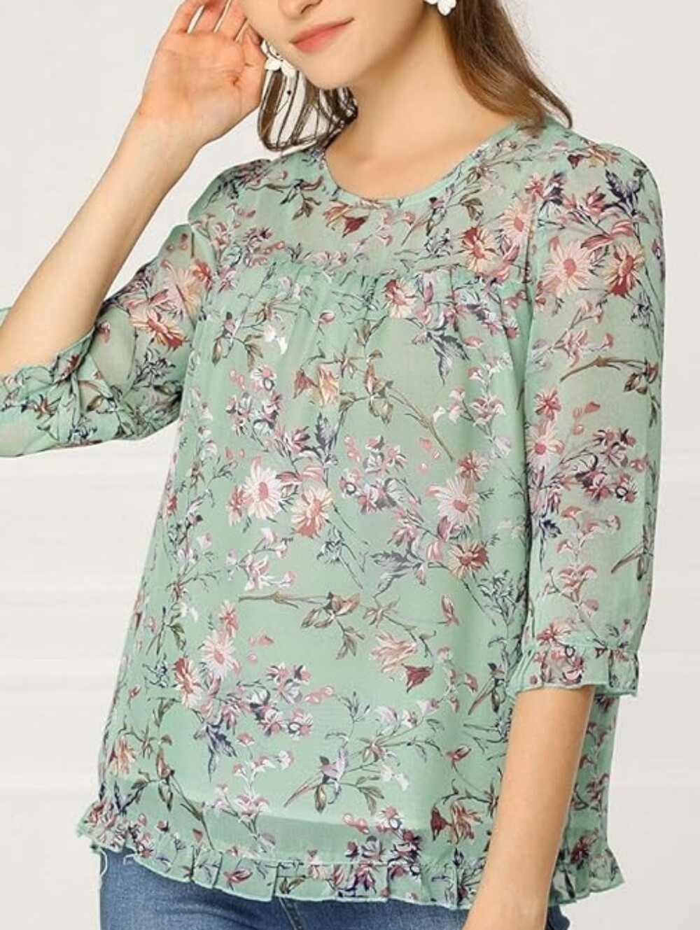 Chiffon Floral Ruffle Mint Green Blouse - Women's Top